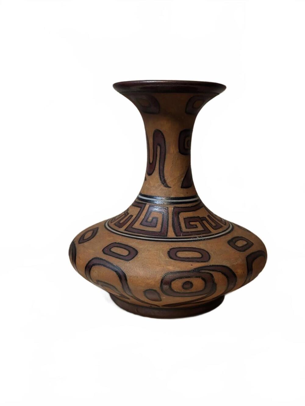Hand Painted Terracotta Earthenware Vase 7" Brown Geometric Tribal Style